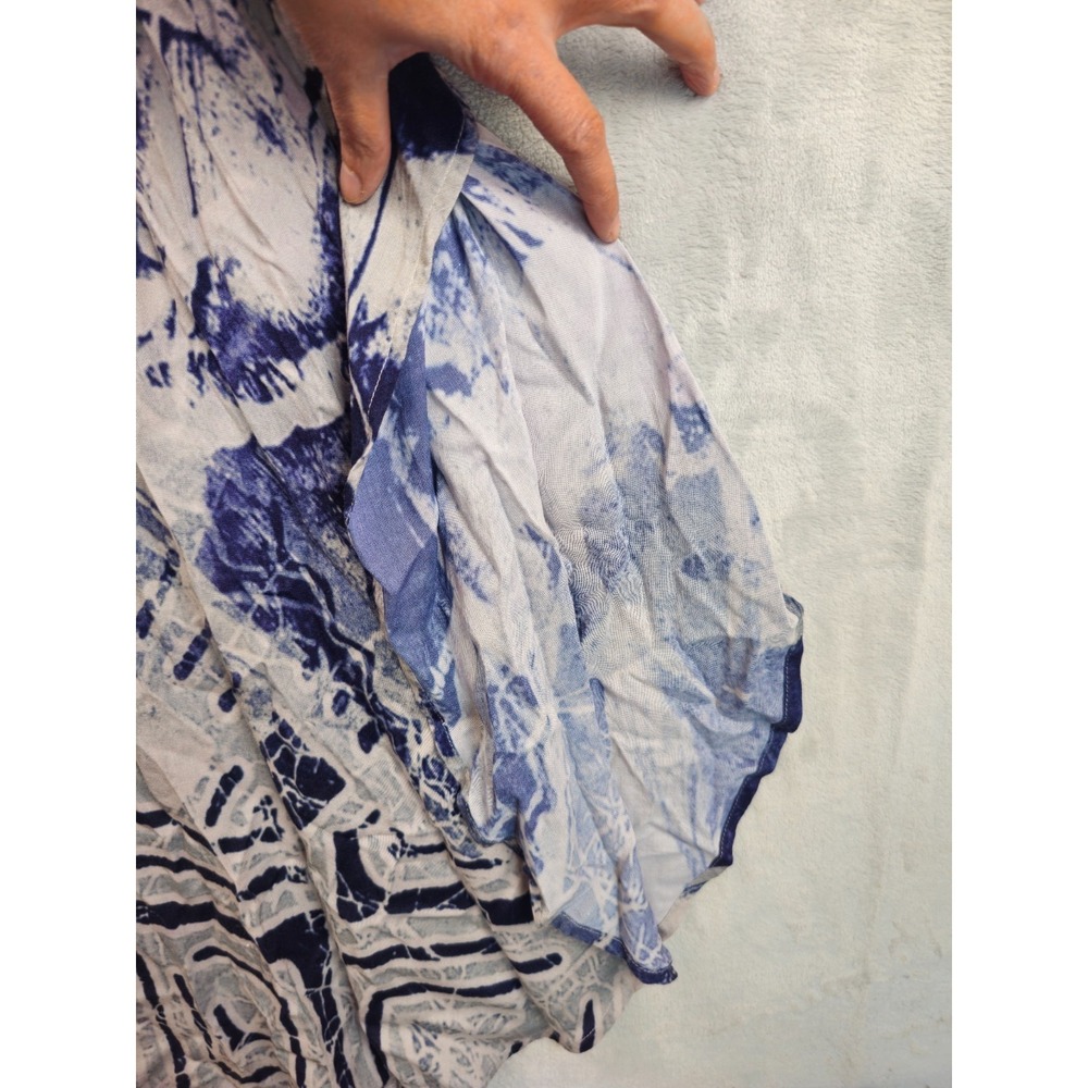Soft Surroundings XL Tall Blue Caftan Maxi Dress Geometric Strappy Cold Shoulder - Picture 3 of 7